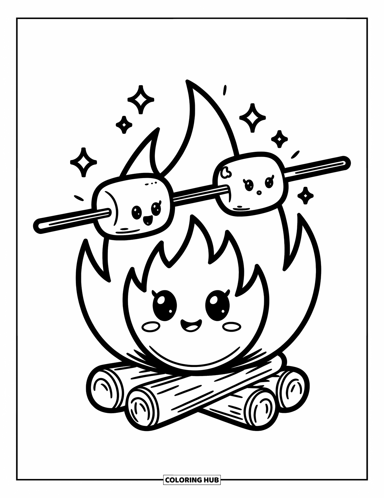 Campfire Coloring Page for Adults: A cute marshmallow roasting scene where the fire and treats share friendly expressions