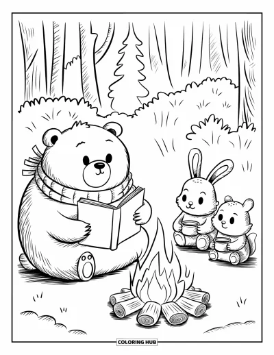 Lagerfeuer-Ausmalbild für Erwachsene: Ein flauschiger Bär erzählt eine Geschichte, während Hase und Eichhörnchen am Feuer warme Getränke trinken