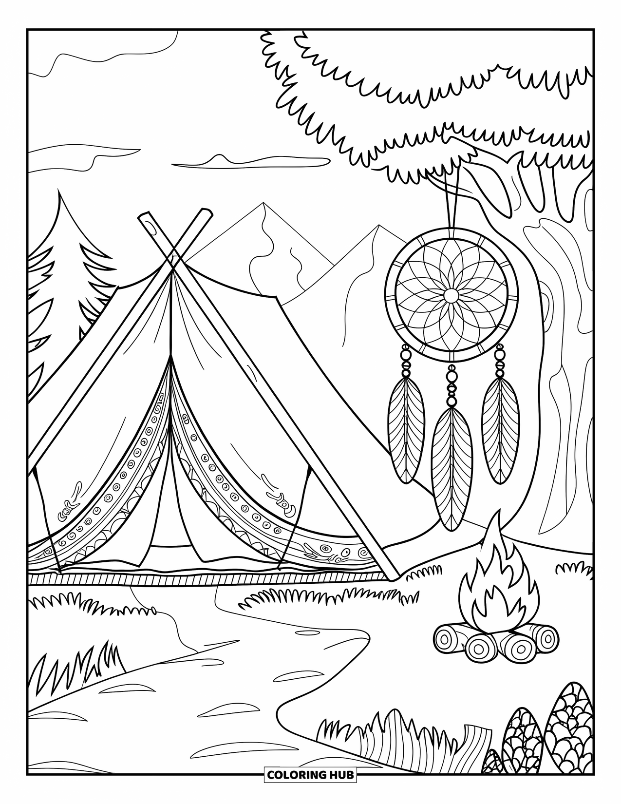 Campfire Coloring Page for Adults: A highly detailed tent with embroidered fabric, a glowing campfire, and a dreamcatcher