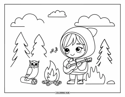 Lagerfeuer-Ausmalbild für Erwachsene: Ein Chibi-Kind im Hoodie spielt Musik neben einem Feuer, mit einer Eule auf einer Sitzstange
