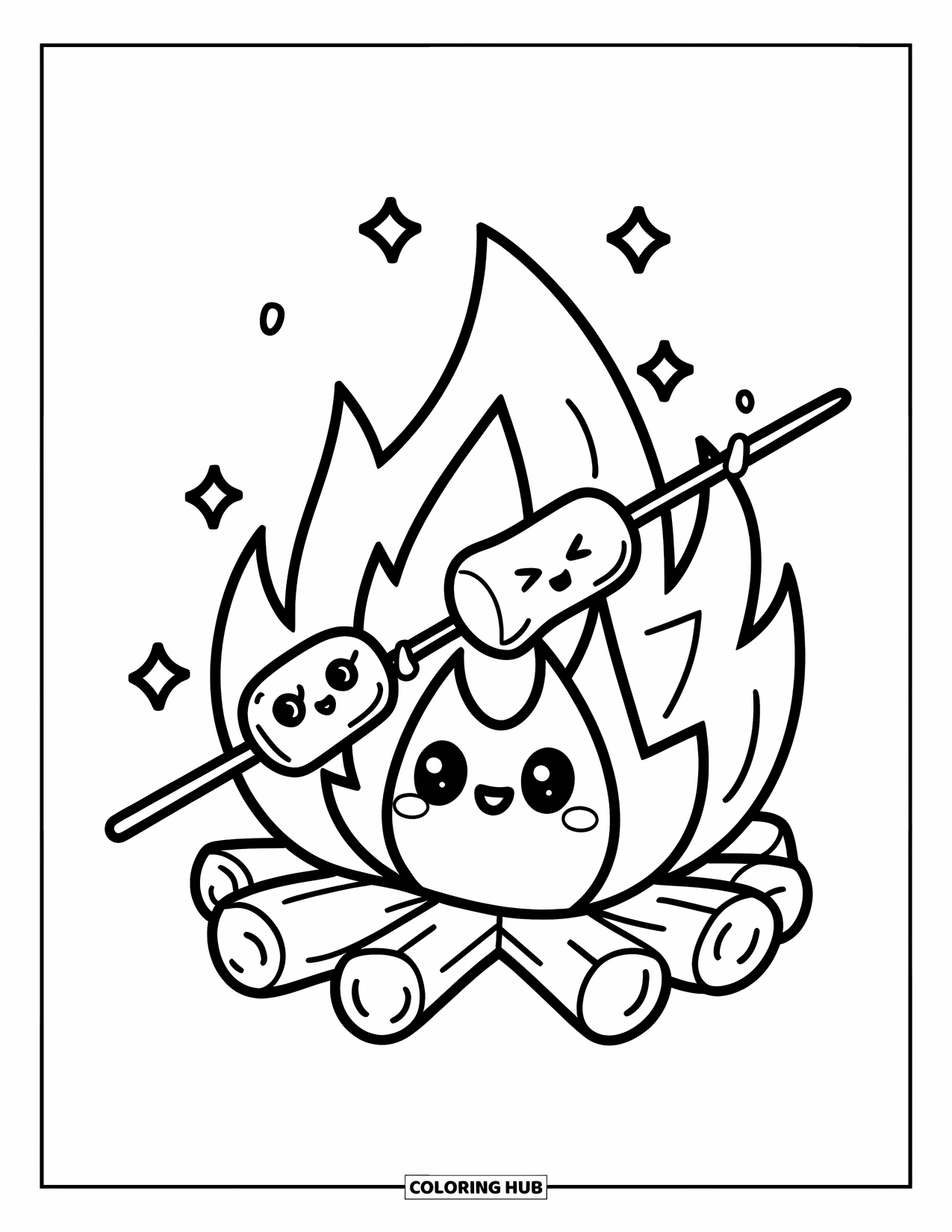 Campfire Coloring Page for Adults: A kawaii marshmallow roast with a smiling fire and cheerful, toasty marshmallows