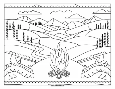 Lagerfeuer-Ausmalbild für Erwachsene: Eine Landschaft mit sanften Hügeln, gewundenem Fluss und einem Lagerfeuer im Vordergrund