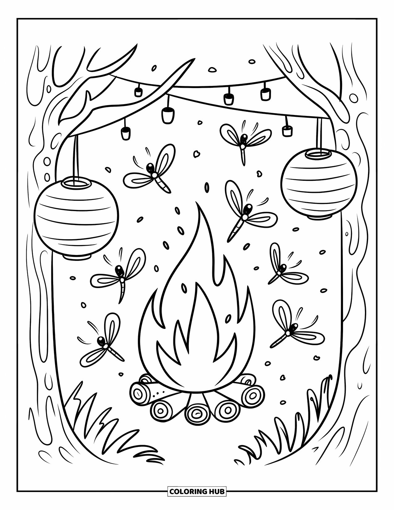 Campfire Coloring Page for Adults: A magical camping scene where fireflies twinkle around a warm fire under lantern lights