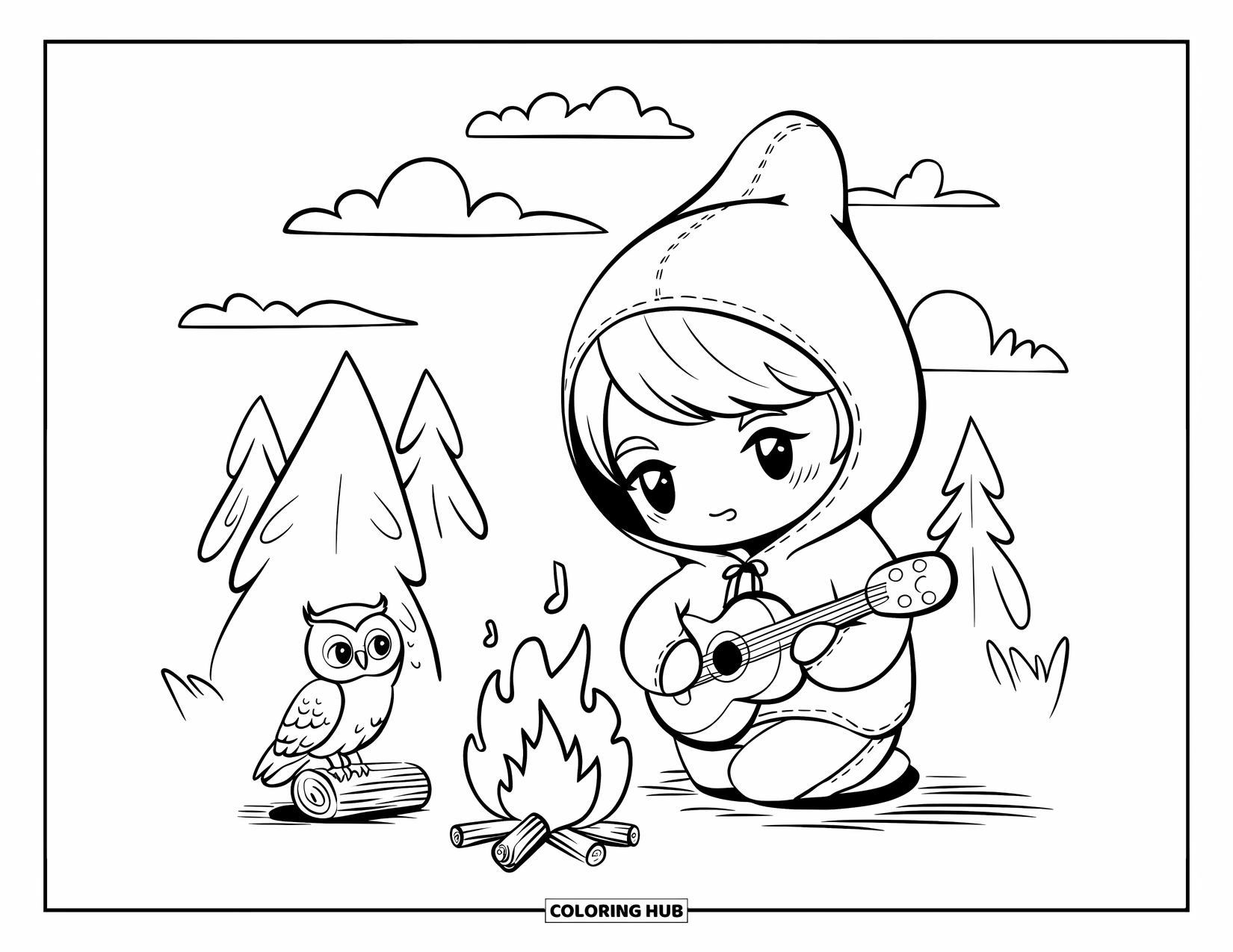 Campfire Coloring Page for Adults: A peaceful campfire moment with a chibi kid playing guitar and an owl curiously watching