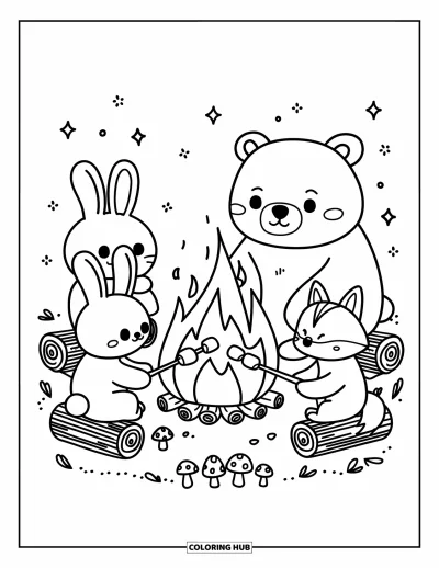 Lagerfeuer-Ausmalbild für Erwachsene: Eine friedliche Runde am Feuer, bei der Hase, Bär und Fuchs Marshmallows rösten