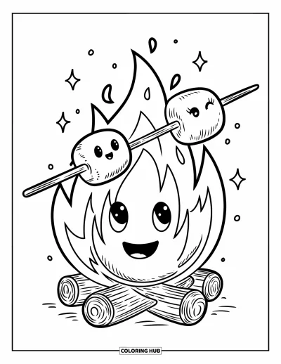 Lagerfeuer-Ausmalbild für Erwachsene: Eine verspielte Lagerfeuerszene, in der Marshmallows fröhlich über einer flackernden Flamme rösten