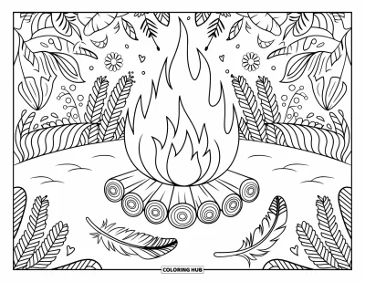 Lagerfeuer-Ausmalbild für Erwachsene: Ein rustikales Lagerfeuer, umgeben von Federn, Blumen und detailreichen Boho-Elementen
