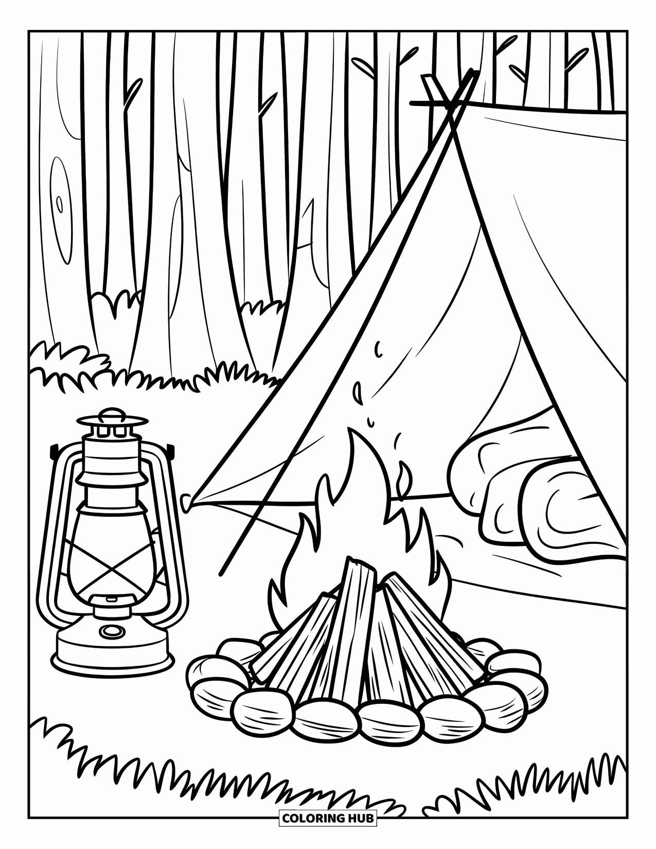 Campfire Coloring Page for Adults: A rustic camping setup with a campfire, an old-fashioned lantern, and a cozy blanket