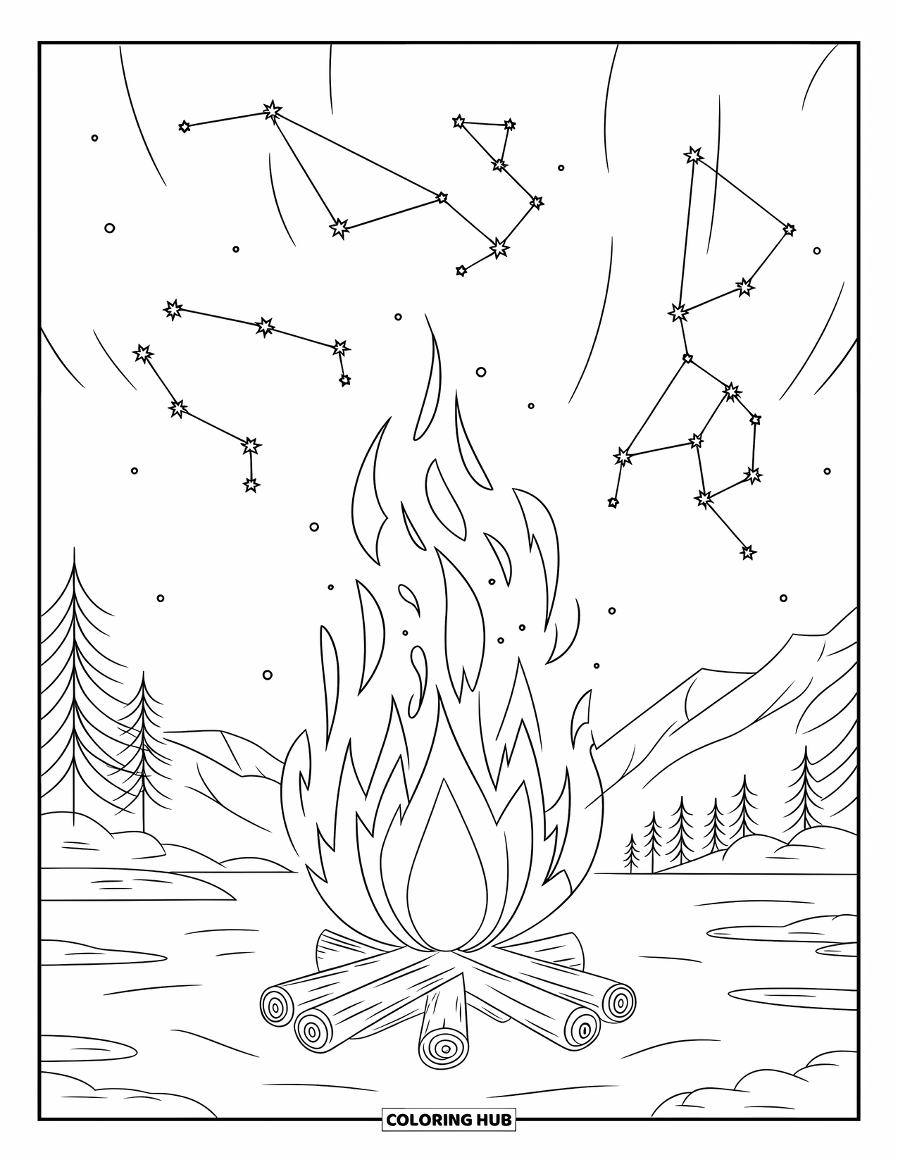 Campfire Coloring Page for Adults: A surreal scene where a campfire's flames rise into glowing celestial patterns