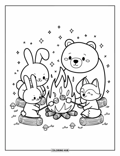 Lagerfeuer-Ausmalbild für Erwachsene: Eine süße Wald-Campingszene mit Freunden, die Marshmallows über einem leuchtenden Feuer wärmen