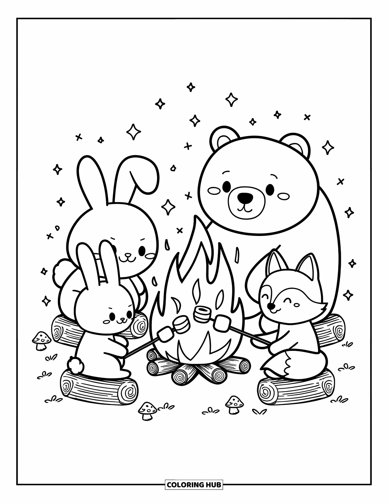 Campfire Coloring Page for Adults: A sweet woodland camping scene with friends warming marshmallows over a glowing fire