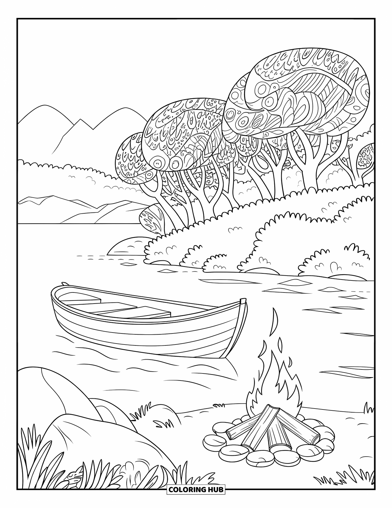 Campfire Coloring Page for Adults: A tranquil riverside scene with a wooden boat, flickering fire, and misty mountains