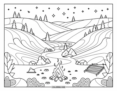 Lagerfeuer-Ausmalbild für Erwachsene: Ein ruhiges Tal mit gewundenem Fluss, fernem Gebirge und einem behaglichen Lagerfeuer