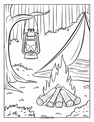Lagerfeuer-Ausmalbild für Erwachsene: Ein warmer Zeltplatz mit einer Laterne, die an einem Baum schwingt, und einem flackernden Feuer daneben