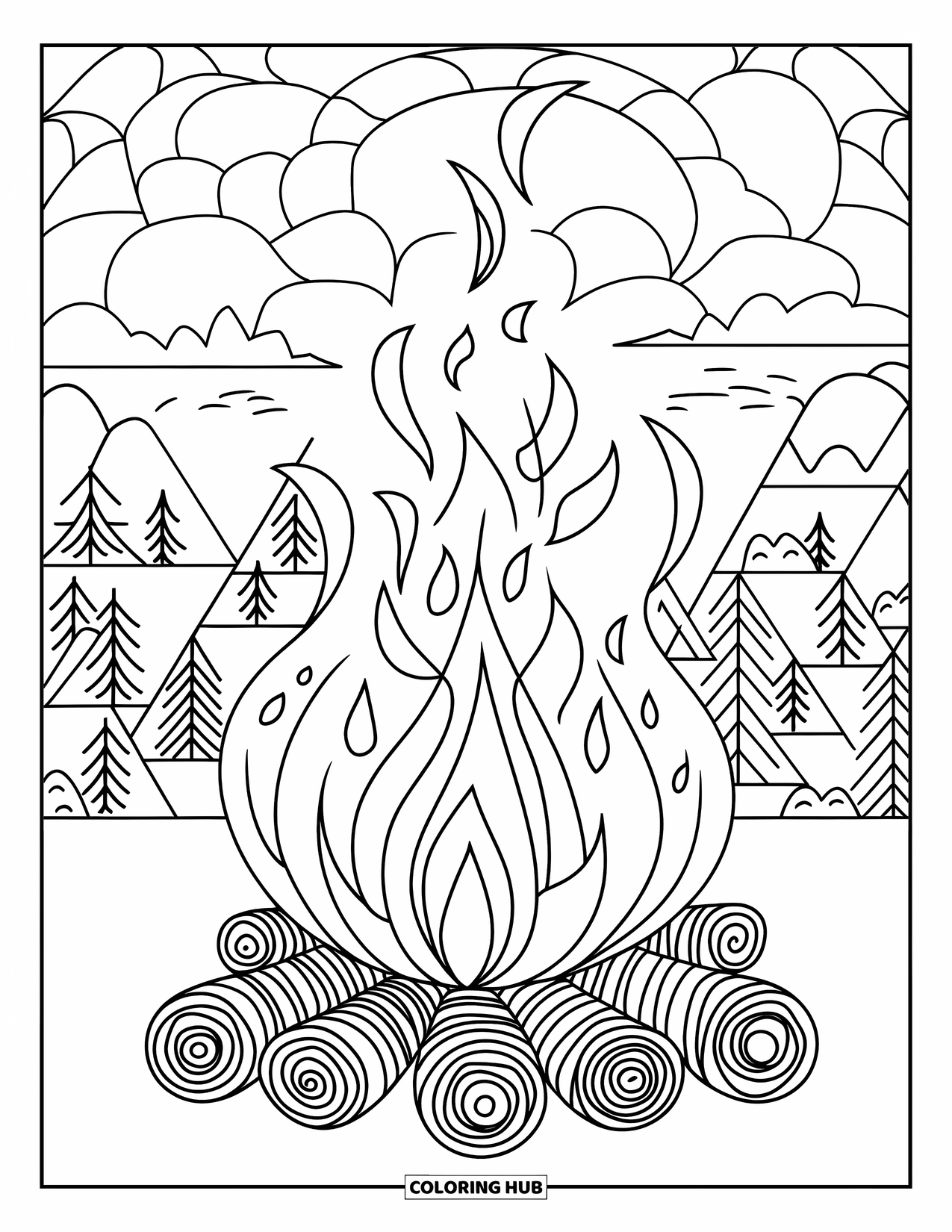 Campfire Coloring Page for Adults: An intricate fire illustration with curling flames and detailed patterns in the wood
