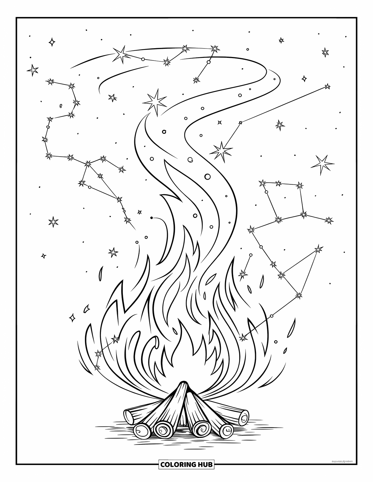Campfire Coloring Page for Adults: Swirling campfire flames transform into sparkling constellations under a starry sky