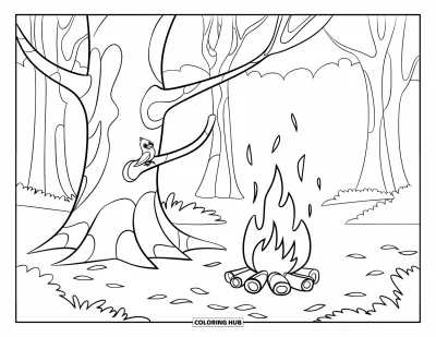 Lagerfeuer-Ausmalbild für Kinder: Ein großer Baum mit einem Lagerfeuer darunter und einem kleinen Vogel auf einem Ast