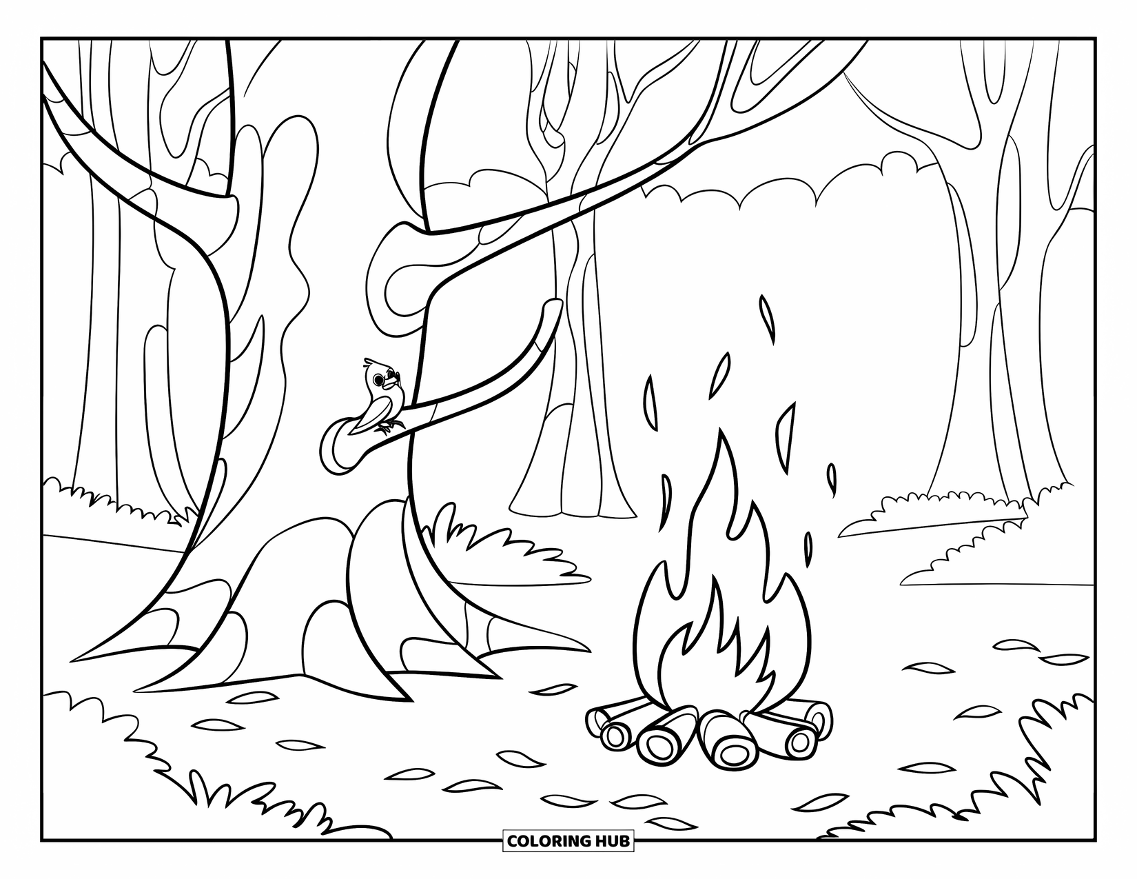 Campfire Coloring Page for Kids: A big tree with a campfire beneath it and a tiny bird perched on a branch