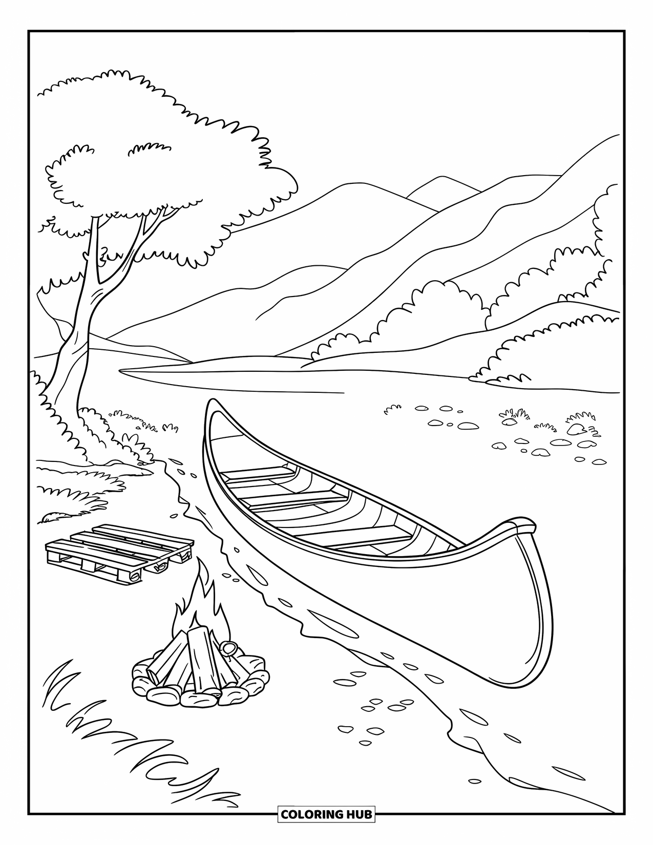 Campfire Coloring Page for Kids: A campfire flickering near a canoe on a wooded riverbank with distant mountains