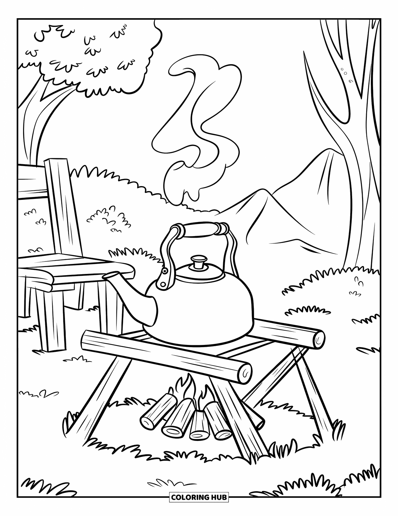 Campfire Coloring Page for Kids: A campsite kettle steaming over a fire, surrounded by nature's tranquility