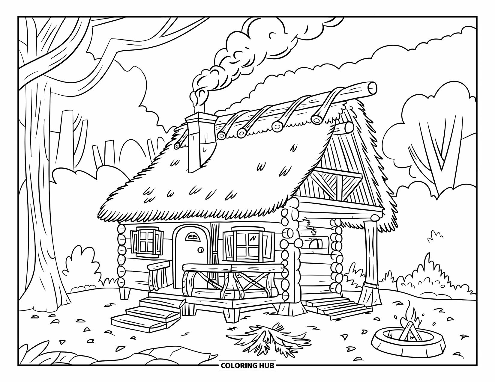 Campfire Coloring Page for Kids: A charming wooden cabin with smoke rising and autumn leaves covering the ground