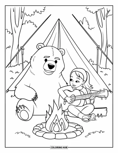 Lagerfeuer-Ausmalbild für Kinder: Ein fröhlicher Camper schlägt Gitarre, während ein Bär am warmen Feuer zuhört