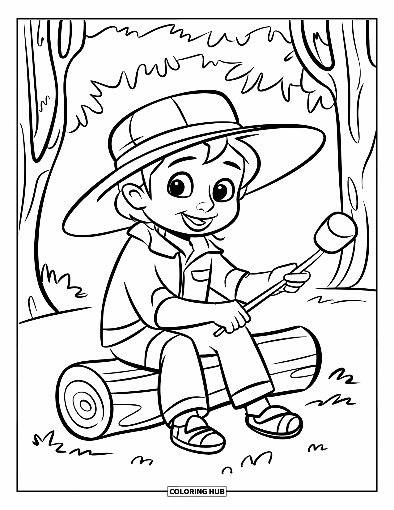 Campfire Coloring Page for Kids: A cheerful traveler toasts a marshmallow over a glowing campfire in the woods