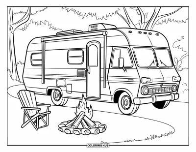 Lagerfeuer-Ausmalbild für Kinder: Ein klassisches Wohnmobil steht nahe einem ordentlich angelegten Lagerfeuer mit Holzscheiten und Stühlen