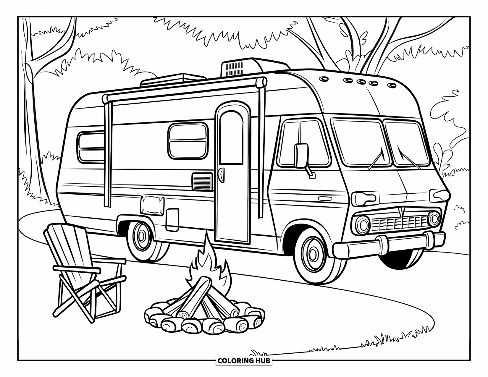 Campfire Coloring Page for Kids: A classic RV parked near a well-arranged campfire with logs and chairs