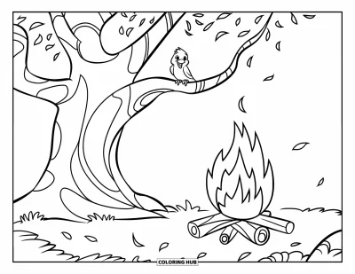 Lagerfeuer-Ausmalbild für Kinder: Ein behagliches Lagerfeuer brennt unter einem großen Baum, während oben ein Vogel zwitschert