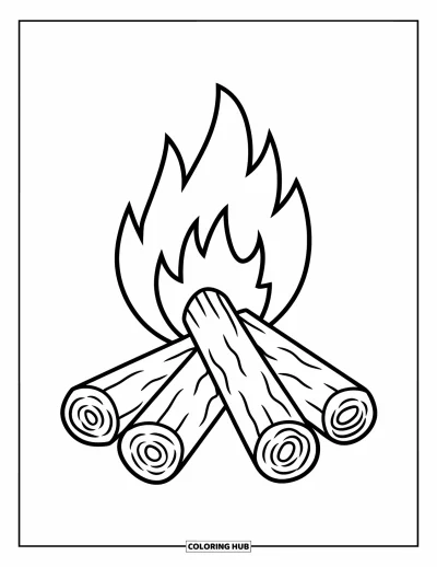 Lagerfeuer-Ausmalbild für Kinder: Eine schöne Lagerfeuerszene mit ordentlich gestapelten Holzscheiten und tanzender Flamme