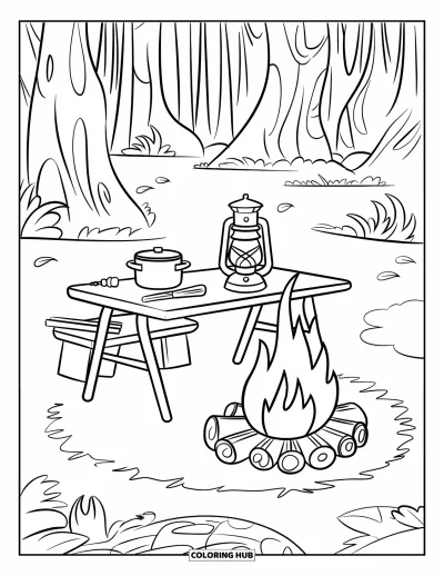 Lagerfeuer-Ausmalbild für Kinder: Eine schöne Zeltplatzszene mit Feuer, Holztisch und einer leuchtenden Laterne daneben