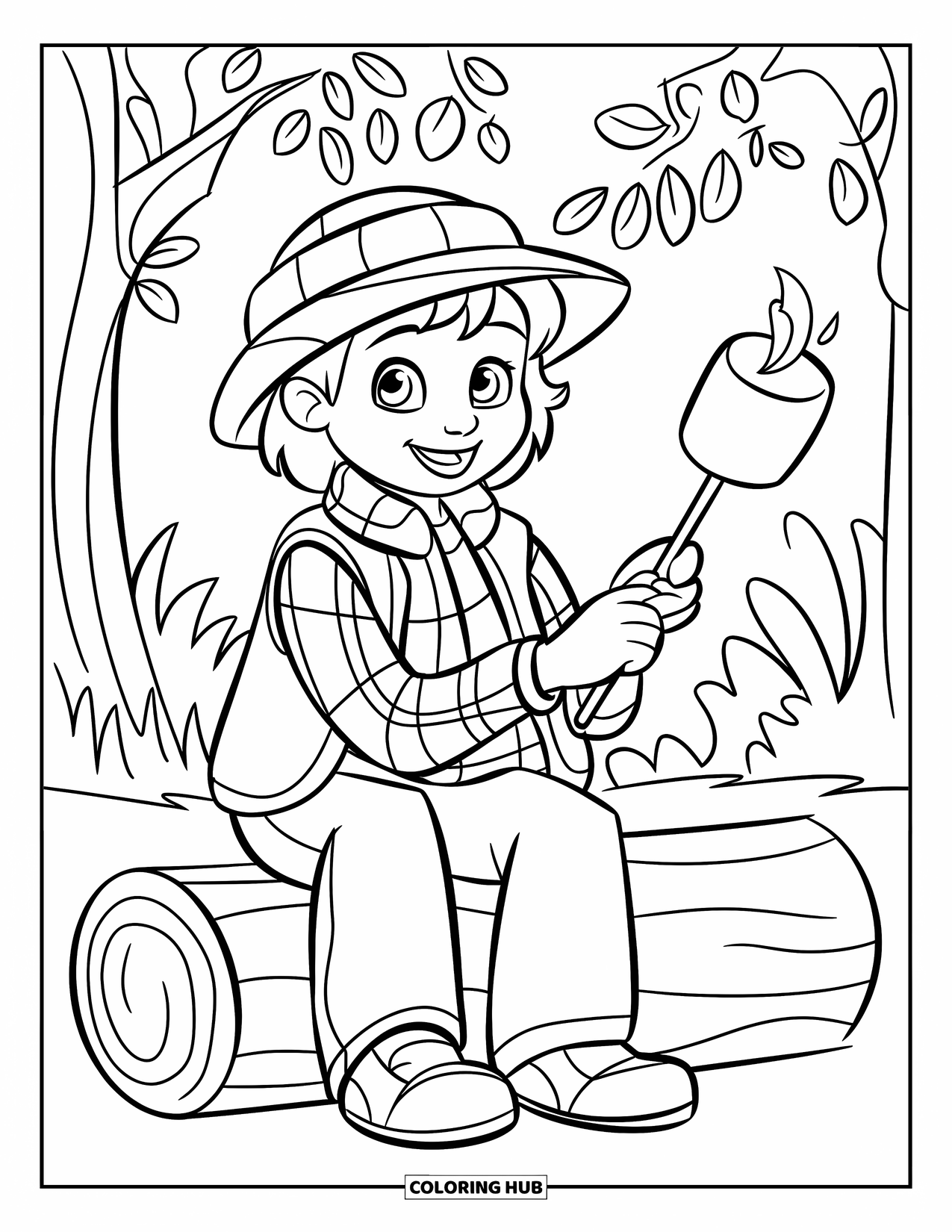 Campfire Coloring Page for Kids: A cozy fireside moment as a camper warms a marshmallow on a simple stick