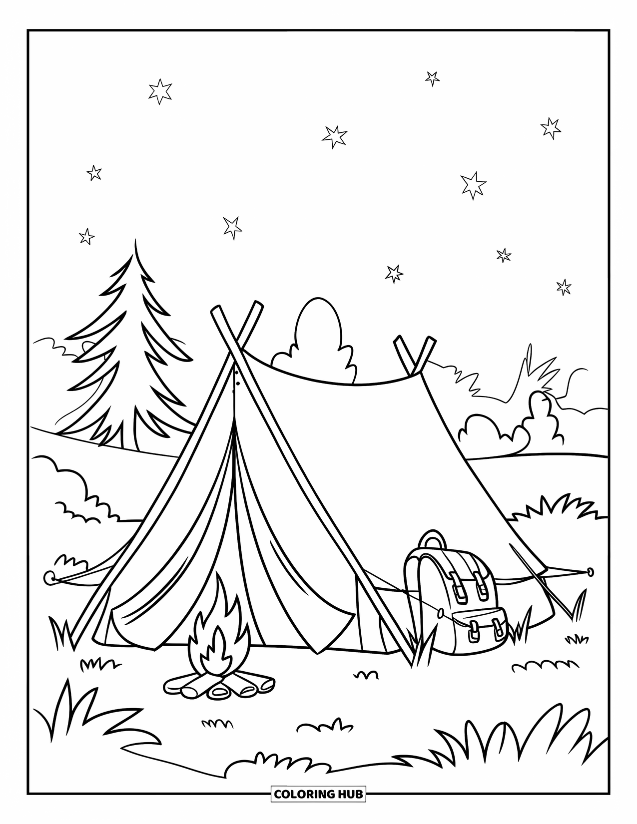 Campfire Coloring Page for Kids: A cozy tent with a small fire and a backpack resting nearby