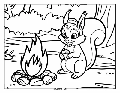 Lagerfeuer-Ausmalbild für Kinder: Ein neugieriges Eichhörnchen beobachtet die tanzenden Flammen und umklammert eine kleine Eichel
