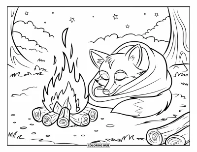Lagerfeuer-Ausmalbild für Kinder: Ein Fuchs kuschelt sich ans Feuer, daneben gestapelte Holzscheite unter sternenklarem Himmel