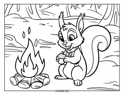 Lagerfeuer-Ausmalbild für Kinder: Ein freundliches Eichhörnchen sitzt nahe am Feuer und hält eine Eichel in seinen kleinen Pfoten