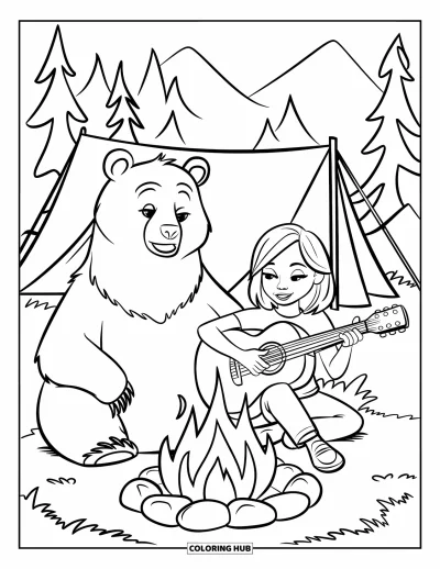 Lagerfeuer-Ausmalbild für Kinder: Ein Mädchen spielt Gitarre neben einem Bären an einem knisternden Lagerfeuer