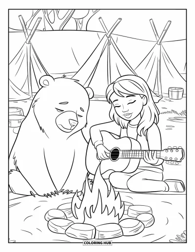 Lagerfeuer-Ausmalbild für Kinder: Ein Mädchen singt und spielt Gitarre am Feuer, während ein Bär der Melodie leise lauscht