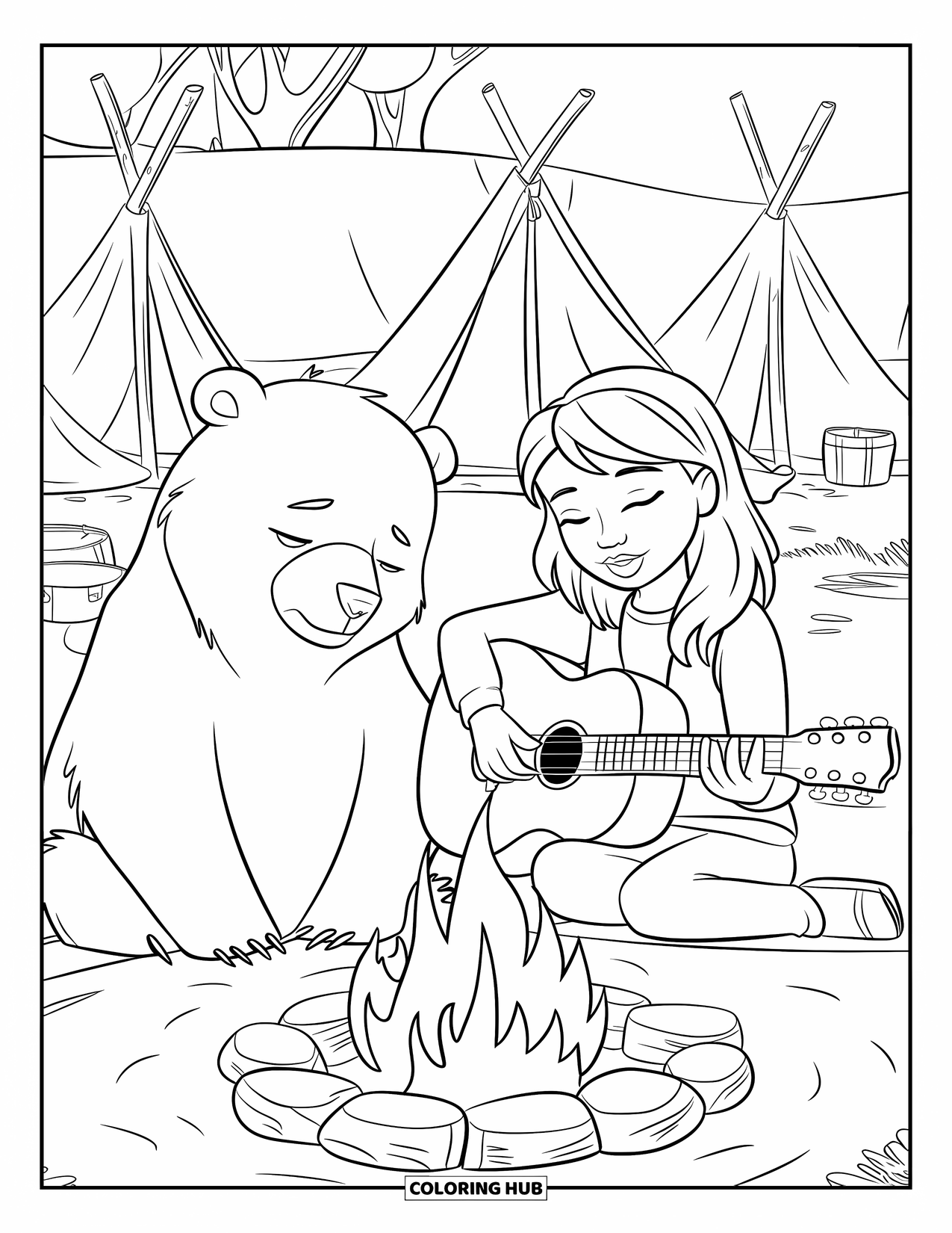 Campfire Coloring Page for Kids: A girl sings and plays guitar by a fire while a bear quietly enjoys the tune
