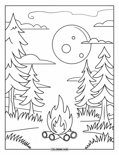 Lagerfeuer-Ausmalbild für Kinder: Ein leuchtendes Lagerfeuer unter Vollmond, umgeben von Bäumen und einem stillen Zelt