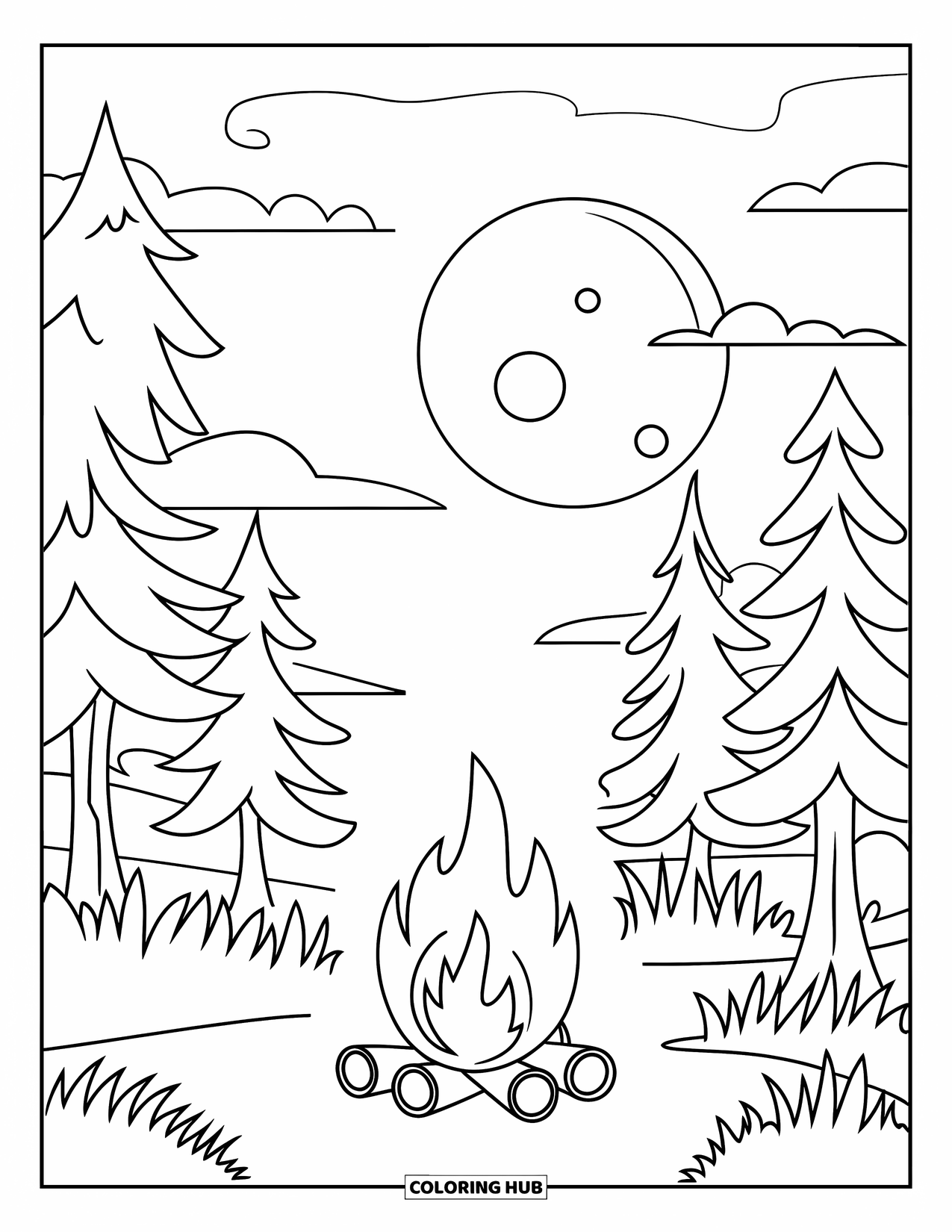 Campfire Coloring Page for Kids: A glowing campfire under a full moon, surrounded by trees and a quiet tent