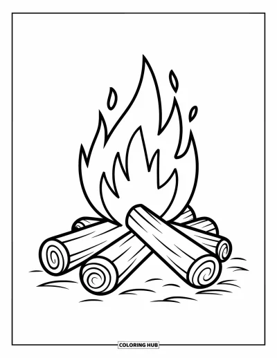 Lagerfeuer-Ausmalbild für Kinder: Ein leuchtendes Feuer brennt über drei gestapelten Holzscheiten