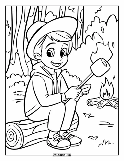 Lagerfeuer-Ausmalbild für Kinder: Ein glücklicher Camper sitzt auf einem Baumstamm und röstet einen Marshmallow über dem knisternden Feuer