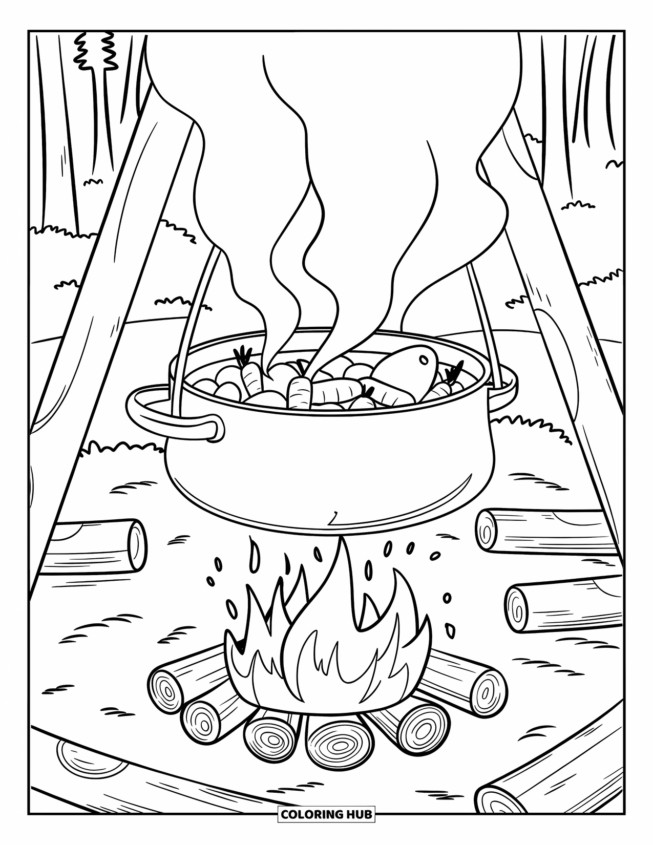 Campfire Coloring Page for Kids: A hearty pot of stew bubbling over a fire, surrounded by wooden logs