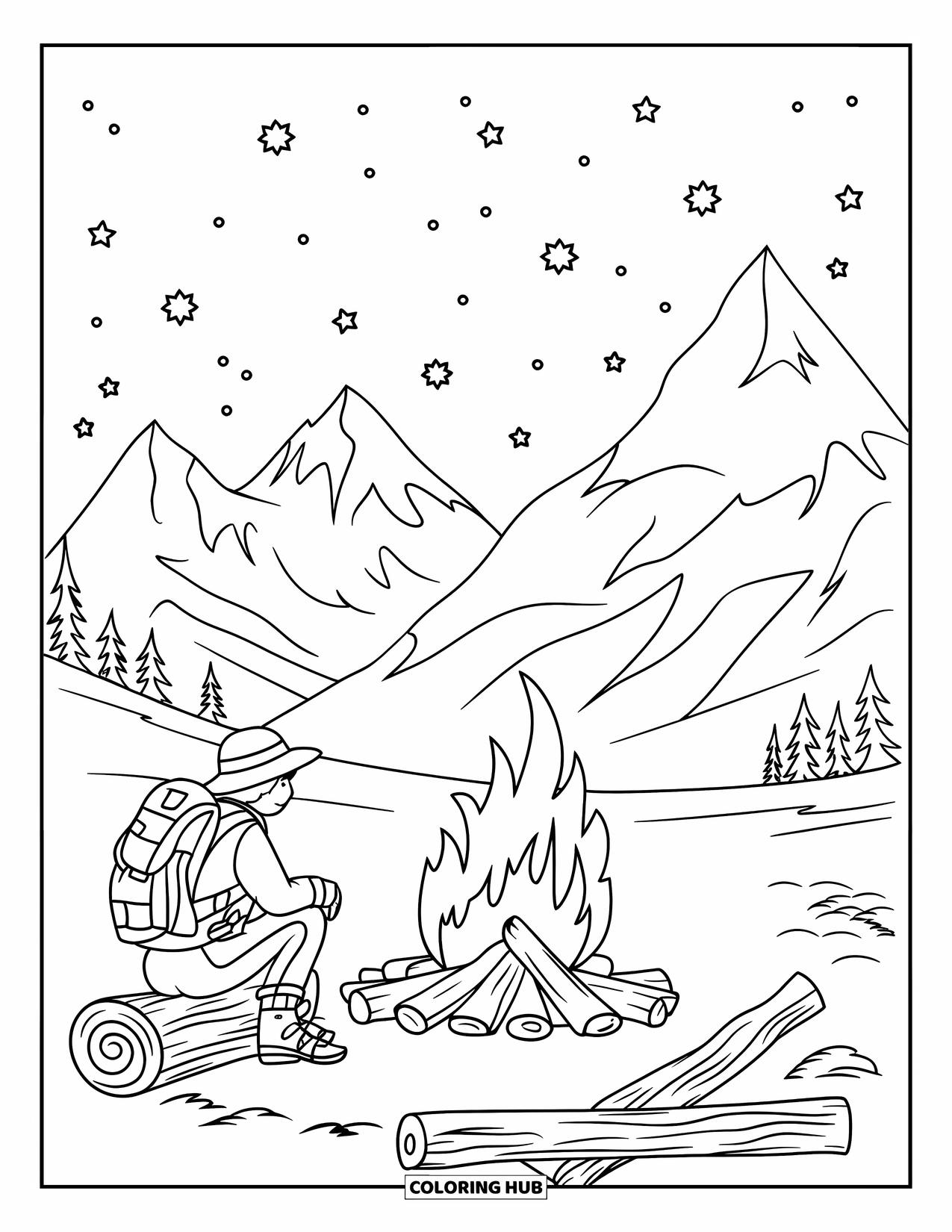 Campfire Coloring Page for Kids: A hiker with a backpack rests on a log, enjoying the fire under the night sky