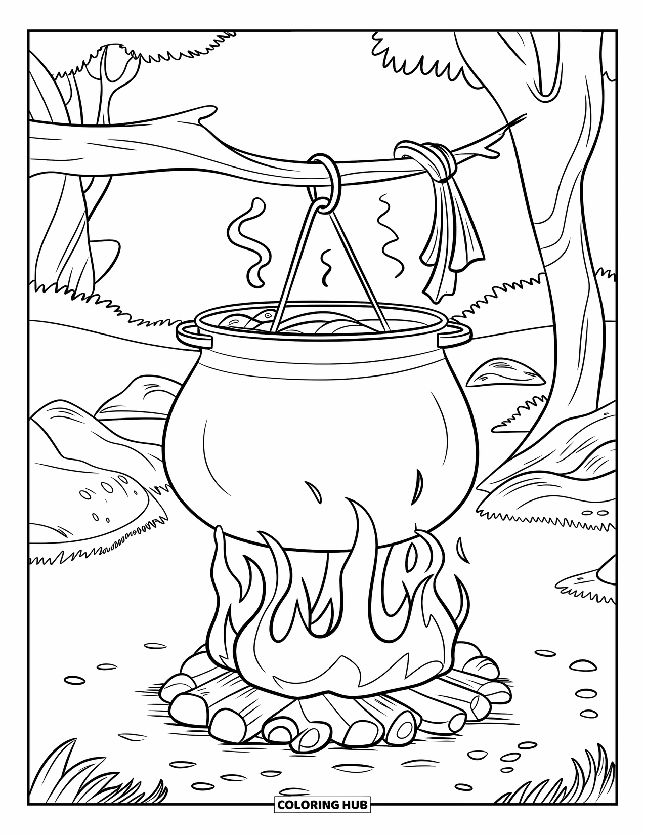 Campfire Coloring Page for Kids: A kettle of soup simmers over a fire, sending rich steam into the cool air