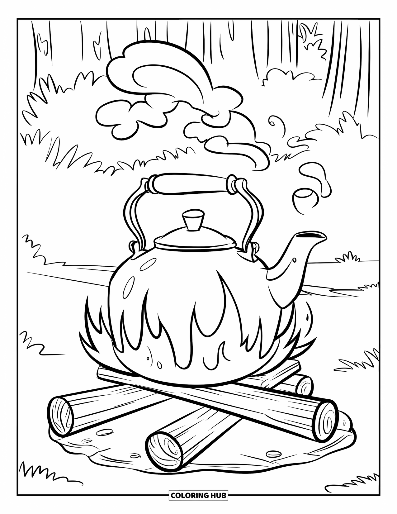 Campfire Coloring Page for Kids: A kettle steaming on a makeshift wooden stand over a crackling campfire