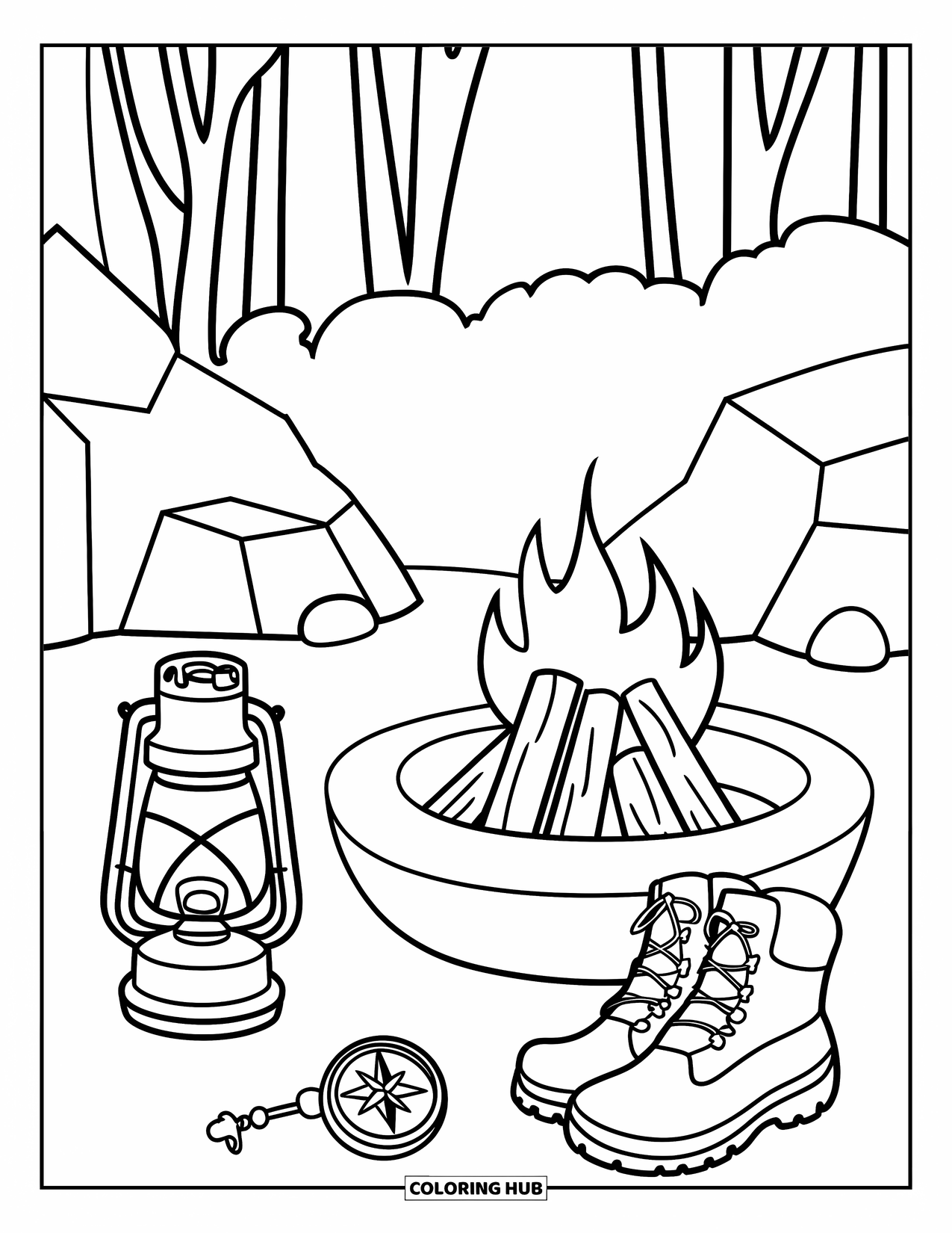 Campfire Coloring Page for Kids: A lantern flickers beside a compass and boots, set near a small fire
