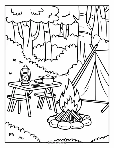 Lagerfeuer-Ausmalbild für Kinder: Eine Laterne steht auf einem hölzernen Campingtisch und leuchtet sanft neben einem warmen Feuer